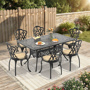 English Elm 7-piece Cast Aluminum Outdoor Dining Set with Petal Motif Detail and Weather Resistant Frame W1710S00571