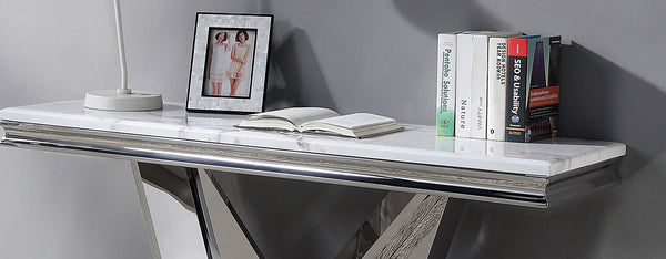 English Elm Glam Luxurious Sofa Table with Faux Marble Beveled Top and Curved Pedestal Base for Elegant Living Rooms Chrome 59 L x 20 W x 4 H B2741S00435