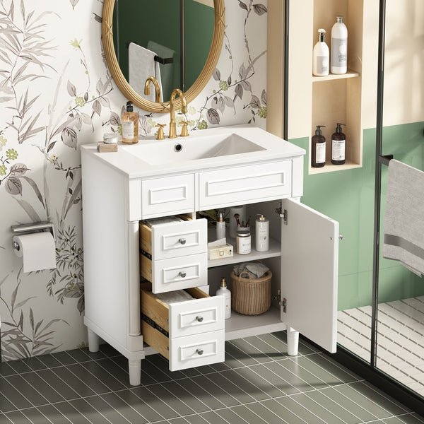 English Elm 30" Bathroom Vanity with Sink — Freestanding Modern Cabinet with Soft-Close Door, 2 Deep Drawers, Durable Basin White N710P288938K