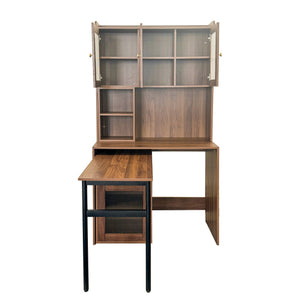 English Elm Computer Desk with Glass Doors, Hutch & Drawer Storage, Rotating 90° Desktop and Spacious Work Surface Walnut W331S00195