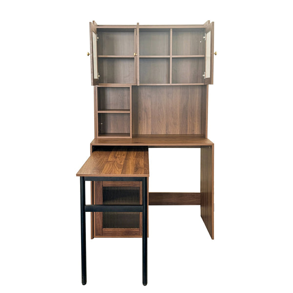English Elm Computer Desk with Glass Doors, Hutch & Drawer Storage, Rotating 90° Desktop and Spacious Work Surface Walnut W331S00195