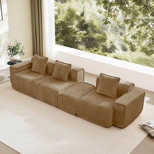 English Elm Streamlined Velvet L-shaped Sectional Sofa with Ottoman and Cloud Cushion Living Room Brown W3041S00373