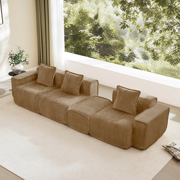 English Elm Streamlined Velvet L-shaped Sectional Sofa with Ottoman and Cloud Cushion Living Room Brown W3041S00373