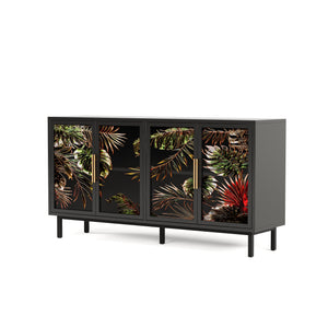 English Elm 60.3" Black Buffet Cabinet with Tropical Glazed Glass Doors, 4-Door Storage Console for Living Room W2263P367671