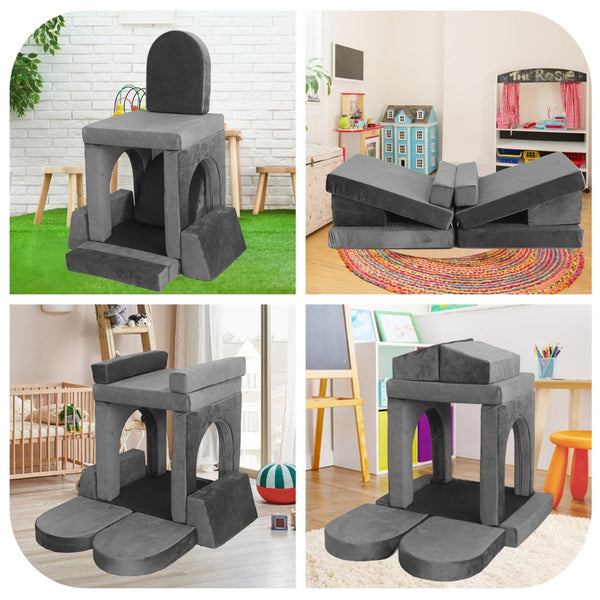 English Elm 12 Piece Modular Foam Play Couch Set Velvet Convertible Sofa Fort for Kids Playroom Dark Gray T5880P493412