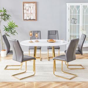 English Elm Table and 6 Chair Extendable Mdf Dining Set with Gold Arched Legs Modern Style Dark Gray,White+Gold W1151S03948