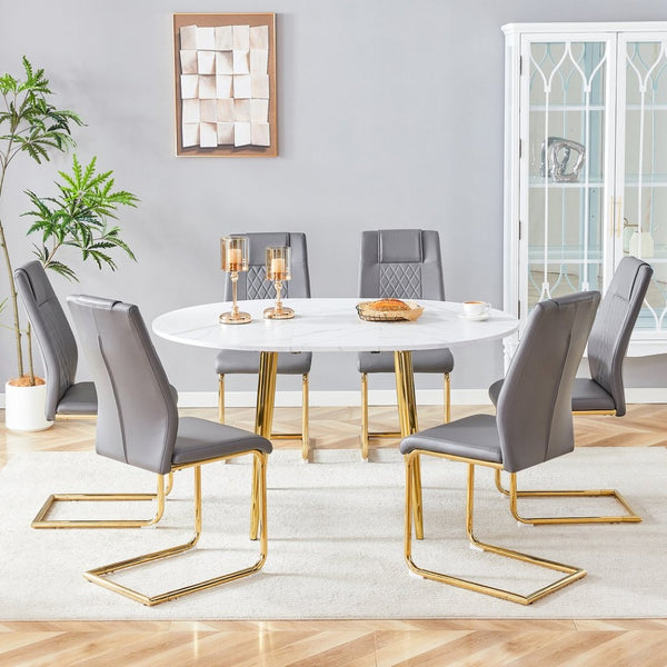 English Elm Table and 6 Chair Extendable Mdf Dining Set with Gold Arched Legs Modern Style Dark Gray,White+Gold W1151S03948