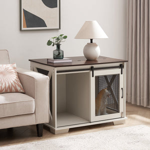 English Elm Farmhouse Dog Cage Crate Furniture with Sliding Barn Door, Secure Metal Latch, Flip-Up Top Access and Removable Divider for Small to Large Dogs (40.94x30.51x6.69) White W2275P164726