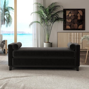 English Elm 66.34 Inch Sherpa Fleece Bench with Fluted Wood Legs Bolster Pillows Mid-century Lounge Black W1658P445921