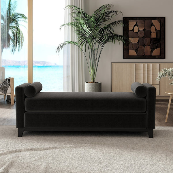 English Elm 66.34 Inch Sherpa Fleece Bench with Fluted Wood Legs Bolster Pillows Mid-century Lounge Black W1658P445921