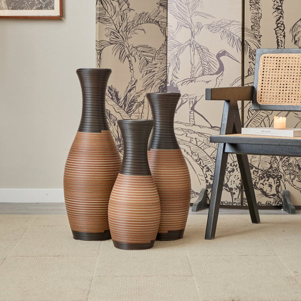 English Elm Set of 3 designer floor vases in Grey+Brown PVC, modern rattan-look tall decor for hallways & living rooms W2796P261496