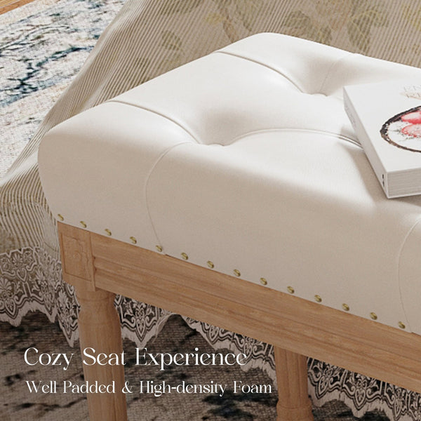 English Elm Vanity Ivory Tufted Ottoman Stool with Nailhead Trim & Carved Wood Legs — Faux Leather Bench, 300LB Capacity T3623P381007