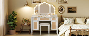 English Elm 44.37 Inch Hollywood Led Vanity Desk Tri-fold Mirror Bamboo Drawers Bedroom White N704P342558K