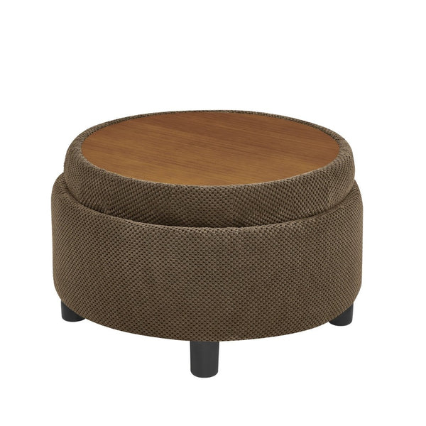 English Elm 25 Inch Round Fabric Pouf Ottoman with Removable Wooden Lid and Hidden Interior Storage Coffee W5568P461367