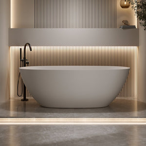 English Elm 65'' Resin Stone Freestanding Soaking Tub Ergonomic Matte White Spa Bath Beige W2753P340402