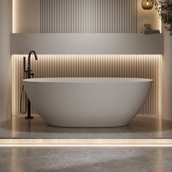 English Elm 65'' Resin Stone Freestanding Soaking Tub Ergonomic Matte White Spa Bath Beige W2753P340402