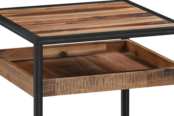 English Elm Ulera Acacia Square End Table with Shelf and Black Metal Frame — Two-Tier, Weatherproof Hardwood B2736P354397