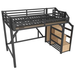 English Elm Twin Metal Loft Bed with Wardrobe Shelves Storage Stairs Led Lighting Usb Ports W1580S00404
