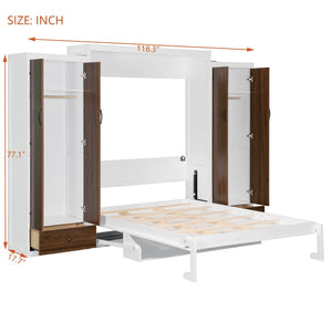 English Elm Queen Murphy Wall Bed with Fold Down Desk Dual Wardrobes and Drawers in White LP000925AAK