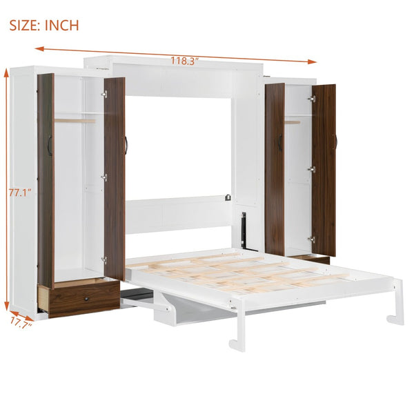 English Elm Queen Murphy Wall Bed with Fold Down Desk Dual Wardrobes and Drawers in White LP000925AAK-1