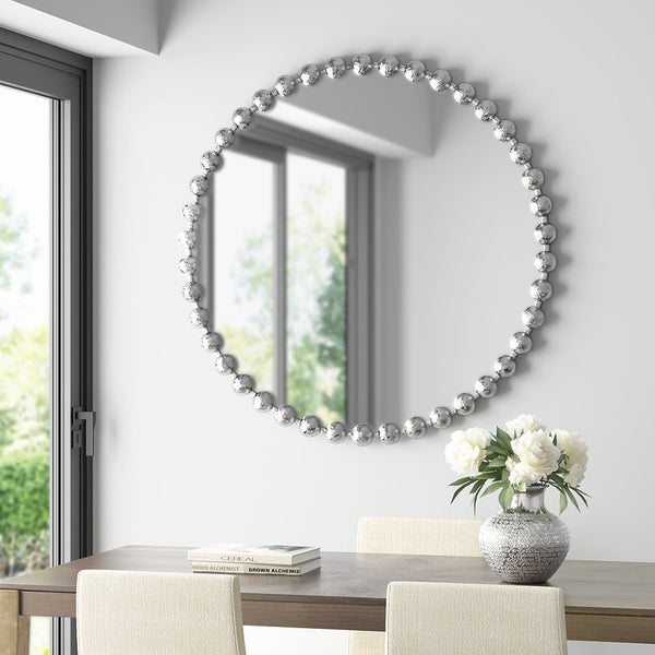 JLA Home Madison Park Signature - 27" Beaded Metal Round Wall Mirror with Matte Frame, HD Glass, Vintage-Modern Accent for Entryways Silver MPS160-339