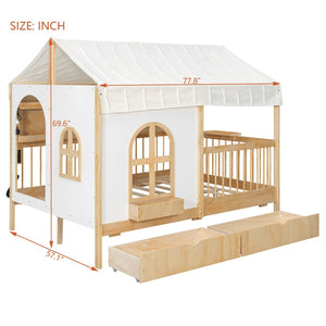 English Elm Full Size Kids House Bed with Led Bookshelf Storage Drawers and Charging Station Natural LP000378AAN