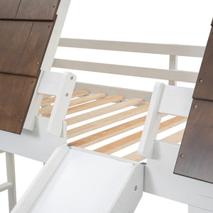 English Elm Wood Twin House Bunk Bed with Roof, Ladder & Slide, Rustic White-Brown Pine Frame, Space-Saving Twin Over Twin Reliable Support GX000345AAK
