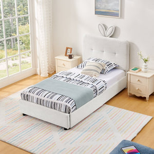 English Elm Twin Kids Boucle Upholstered Bed Rabbit Ear Headboard Led Lighting Four Storage Drawers Beige W1413P384921