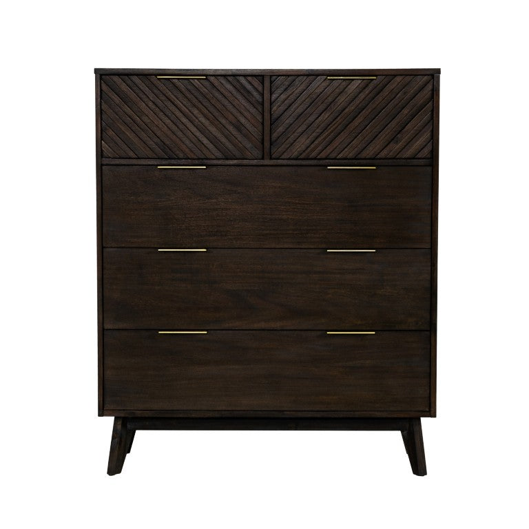 VIG Furniture Daisy Dark Acacia Mid-Century Chest With Carved Chevron Drawers, Brass Handles & Five Spacious Storage VGWDKYOTO-CHEST