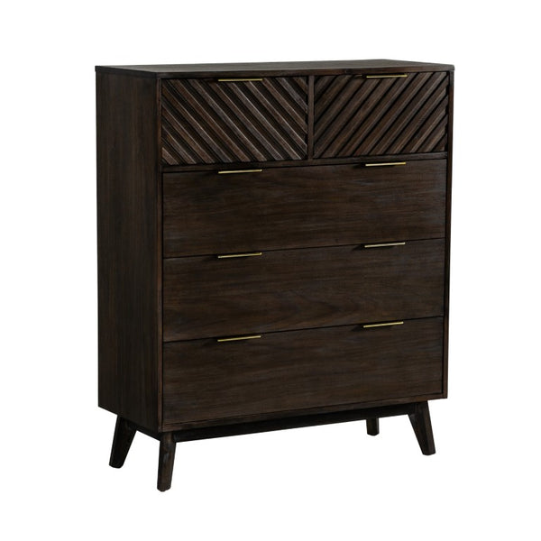 VIG Furniture Daisy Dark Acacia Mid-Century Chest With Carved Chevron Drawers, Brass Handles & Five Spacious Storage VGWDKYOTO-CHEST
