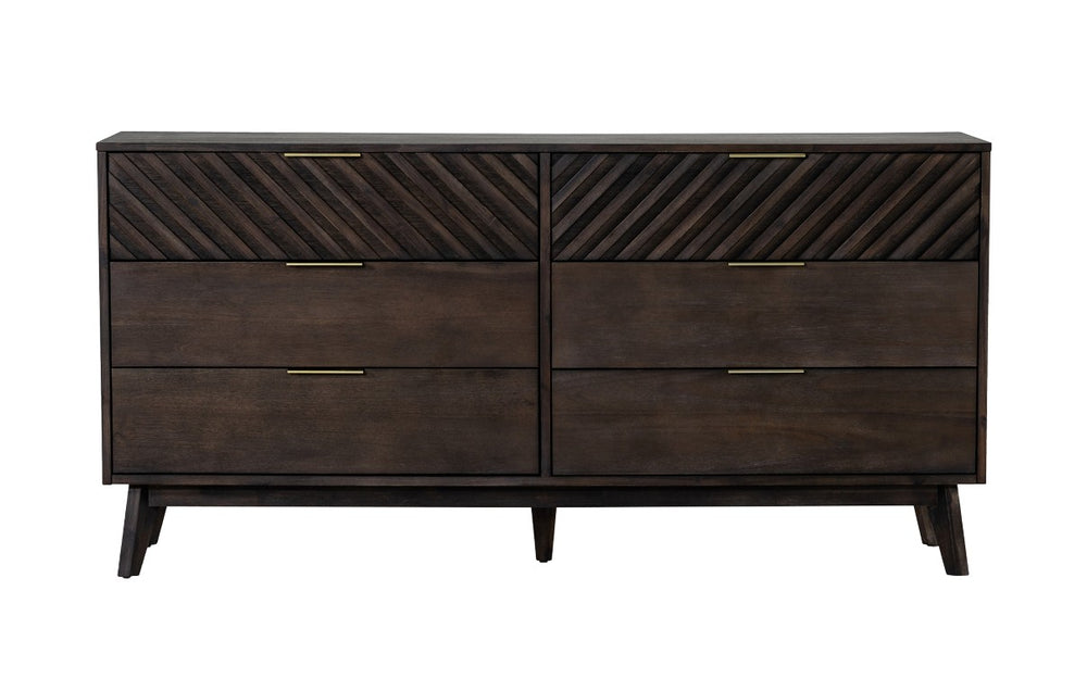 VIG Furniture Daisy Dark Acacia Mid-Century Dresser With Chevron Carved Fronts, Brass Hardware & 6 Smooth Drawers VGWDKYOTO-DRS