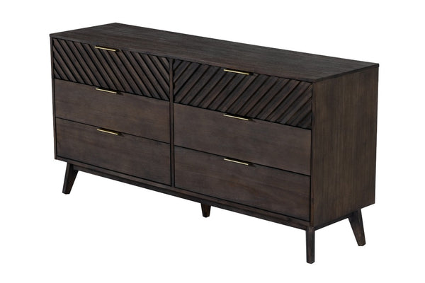 VIG Furniture Daisy Dark Acacia Mid-Century Dresser With Chevron Carved Fronts, Brass Hardware & 6 Smooth Drawers VGWDKYOTO-DRS