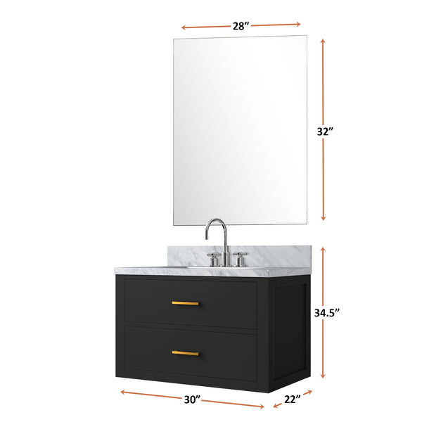 English Elm Black Single-Sink Vanity Set With Carrara Marble Countertop, Mirror & Faucet – Elegant Bathroom Upgrade B2731S01978