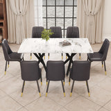 English Elm 1 Table and 8 Chairs. A Rectangular Dining Table With A White Imitation Marble Tabletop and Black Metal Legs. Paired With 8 Chairs, Equipped With Pu Leather Seat Cushions and Black Metal Legs. F-1538