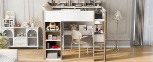 English Elm Full Size Wood Loft Bed With Desk, Wardrobe & Storage Shelves - Stylish Space-Saving Solution! N7090005007K