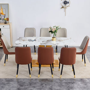 English Elm Table Luxurious Pandora-Patterned Glass Dining Set With Golden Legs & 8 Ergonomic Pu Leather Chairs W1151S03249-GIGA