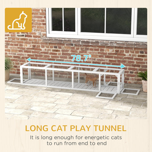 English Elm PawHut Extendable Outdoor Cat Tunnel 79" Wooden Catio Run with Weatherproof Mesh, Multi-Entry White+Black W2225P200586