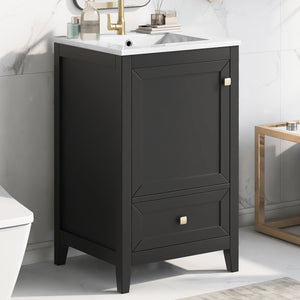 English Elm 20" Modern Bathroom Vanity With Ceramic Sink, Soft-Close Door, Drawer & Storage Rack In Black Finish N725P185452B