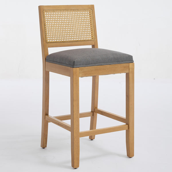 English Elm Full Solid Wood Rattan-Back Bar Stool Set Of 2 - Gray Matte Linen Cushion For Rustic Kitchen & Café W1143P384366