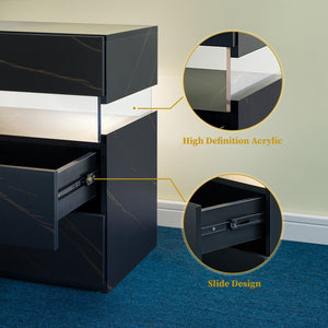 English Elm Led Nightstand with Rgb Acrylic Glow Panel Three Drawers Walnut Bedroom Table Black+Gold W2178P412303