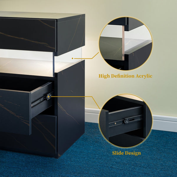 English Elm Led Nightstand with Rgb Acrylic Glow Panel Three Drawers Walnut Bedroom Table Black+Gold W2178P412303