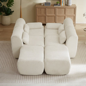 English Elm Sectional U-shaped Corduroy Sofa with Ottoman Convertible Layout for Any Living Room Cream W2339S00155