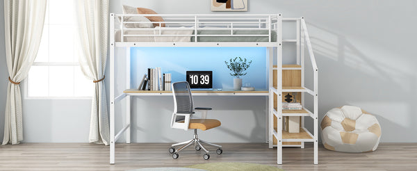 English Elm Full Size Metal Loft Bed With Desk, Storage Staircase, Wardrobe & Led Light For Small Spaces GX000620AAK-1