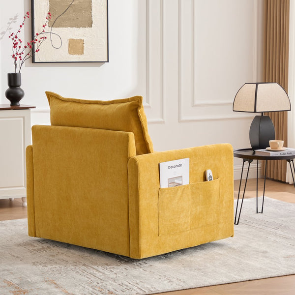 English Elm UNITED Swivel Barrel Chair with Chenille Upholstery, 360° Smooth Rotation, Padded Arm Comfort and Side Pockets for Living Room Relaxation Mustard yellow W1568P290085
