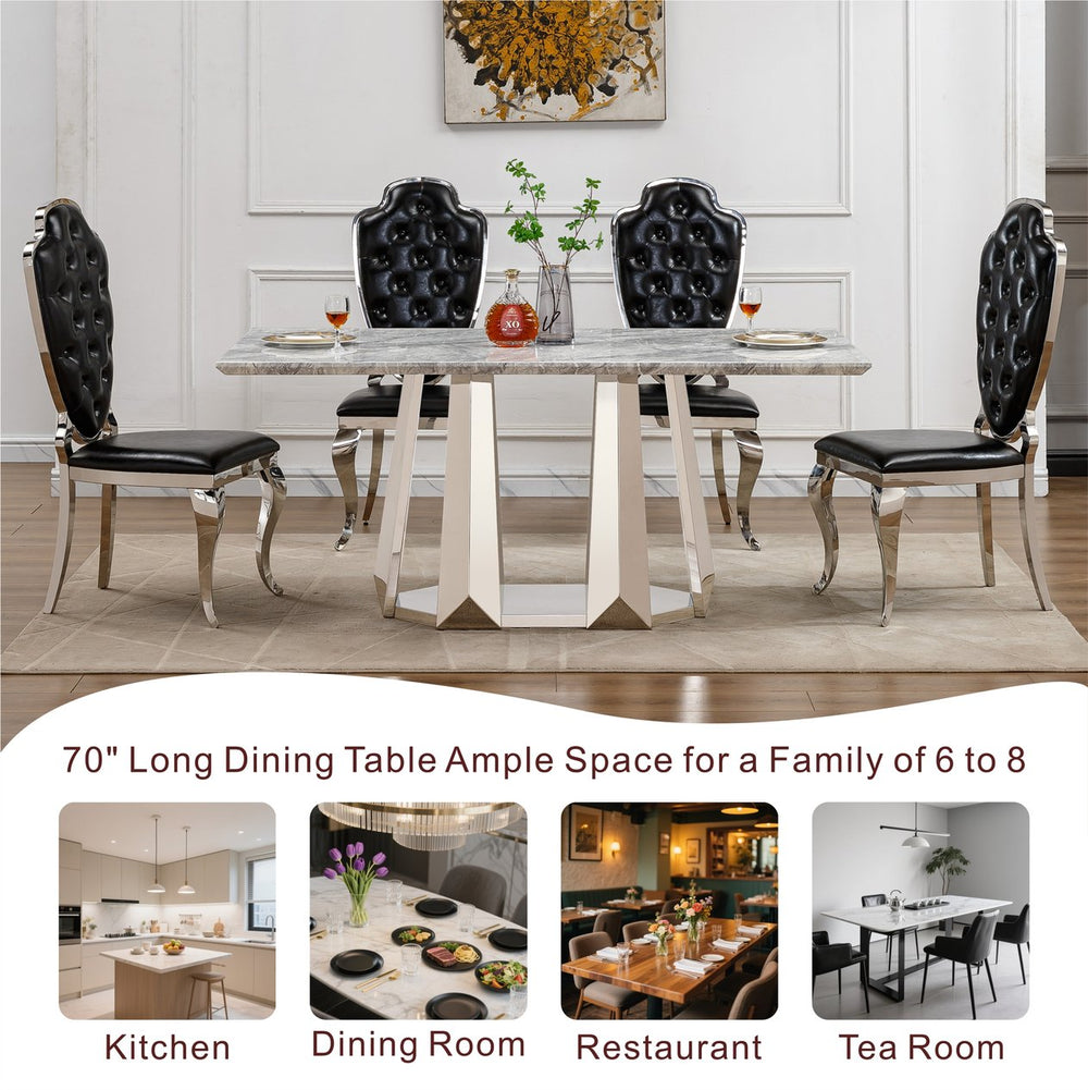 English Elm Marble Dining Table For 6-8, Modern Rectangular Faux Marble Top With Stainless Steel Base, Silver Grey W3456S00039