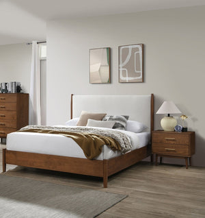 English Elm Walnut 3-Piece Mid-Century Modern Bedroom Set - Queen Bed & 2 Nightstands In Elegant Beige Upholstery B2741S00464-GIGA