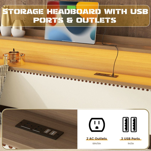 English Elm Twin Size Daybed With Trundle, Modern Upholstered Design Featuring Led Lights & Charging Station W1580S00042-GIGA