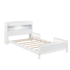 English Elm Twin Pine Wood Bed with Bookcase Headboard LED Motion Sensor Light Guardrails Ample Storage Space White W504P277596