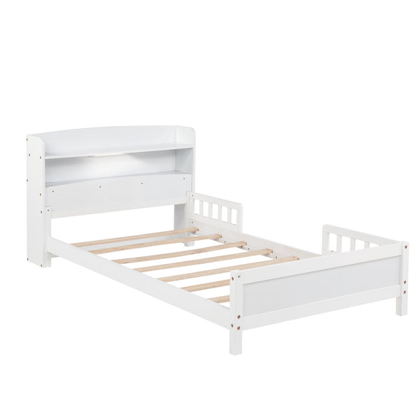 English Elm Twin Pine Wood Bed with Bookcase Headboard LED Motion Sensor Light Guardrails Ample Storage Space White W504P277596