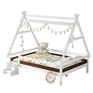 English Elm Twin House Shaped Platform Bed Solid Pine Frame with Built in Stairs for Kids Light White W1580P354720